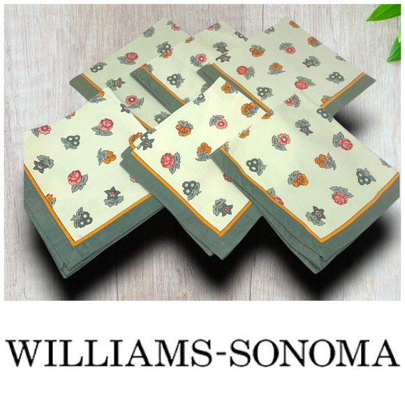 Lot 6 x Williams Sonoma Floral Napkins Square 20” Green Border Botanical - Picture 1 of 9